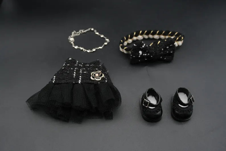 Bubu Monsters Clothes (doll not included) | Labubu Outfit |Tweed & Camellia Cute Doll Outfit Set-Headpiece, Tulle Skirt, Necklace, Mini Bag, Shoes