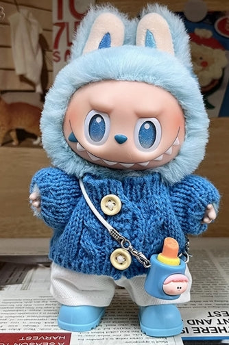 Bubu Monsters The front of the kid's clothes features a high-energy 3rd generation fabric plush toy in blue, which is a trendy alternative