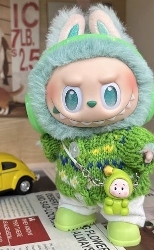 Bubu Monsters The front of the kid's clothes features a high-energy 3rd generation fabric plush toy in blue, which is a trendy alternative