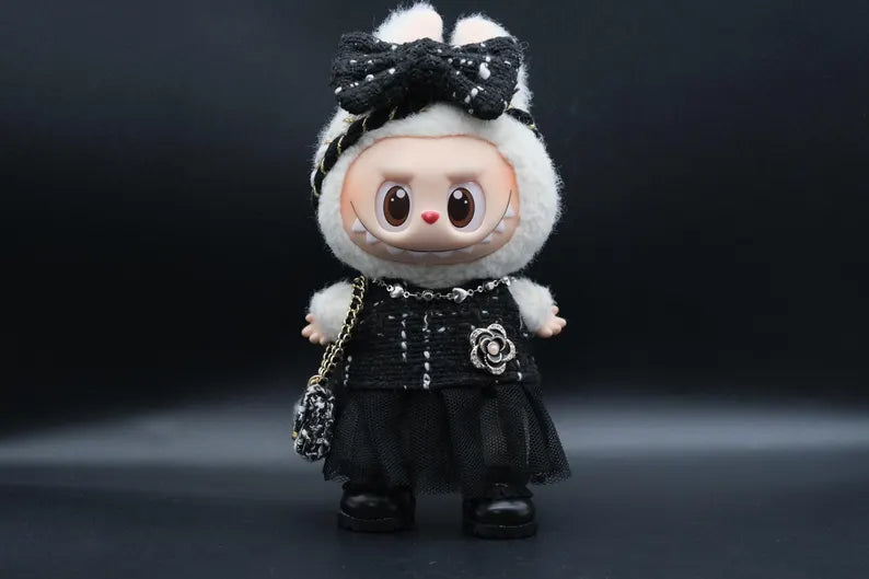 Bubu Monsters Clothes (doll not included) | Labubu Outfit |Tweed & Camellia Cute Doll Outfit Set-Headpiece, Tulle Skirt, Necklace, Mini Bag, Shoes