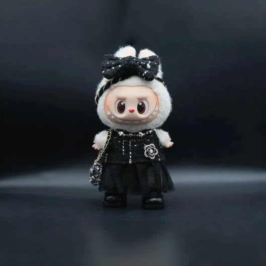 Bubu Monsters Clothes (doll not included) | Labubu Outfit |Tweed & Camellia Cute Doll Outfit Set-Headpiece, Tulle Skirt, Necklace, Mini Bag, Shoes