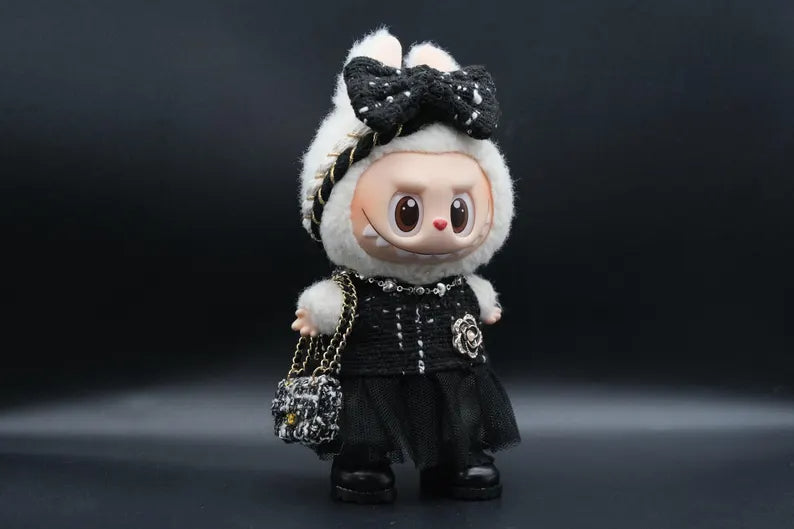 Bubu Monsters Clothes (doll not included) | Labubu Outfit |Tweed & Camellia Cute Doll Outfit Set-Headpiece, Tulle Skirt, Necklace, Mini Bag, Shoes