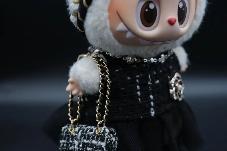 Bubu Monsters Clothes (doll not included) | Labubu Outfit |Tweed & Camellia Cute Doll Outfit Set-Headpiece, Tulle Skirt, Necklace, Mini Bag, Shoes
