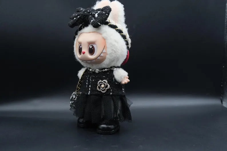Bubu Monsters Clothes (doll not included) | Labubu Outfit |Tweed & Camellia Cute Doll Outfit Set-Headpiece, Tulle Skirt, Necklace, Mini Bag, Shoes