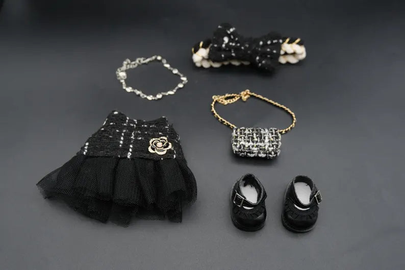Bubu Monsters Clothes (doll not included) | Labubu Outfit |Tweed & Camellia Cute Doll Outfit Set-Headpiece, Tulle Skirt, Necklace, Mini Bag, Shoes